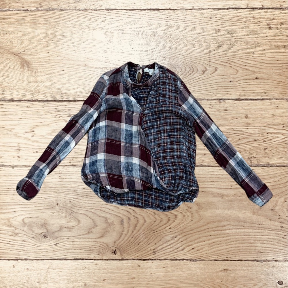 Vintage Havana Mixed Plaid Wrap Top‎ Mock Neck Burgundy Blue Rayon CC4577 Small